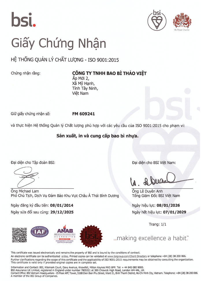 Chứng chỉ ISO 9001:2015 về hệ thống quản lý chất lượng